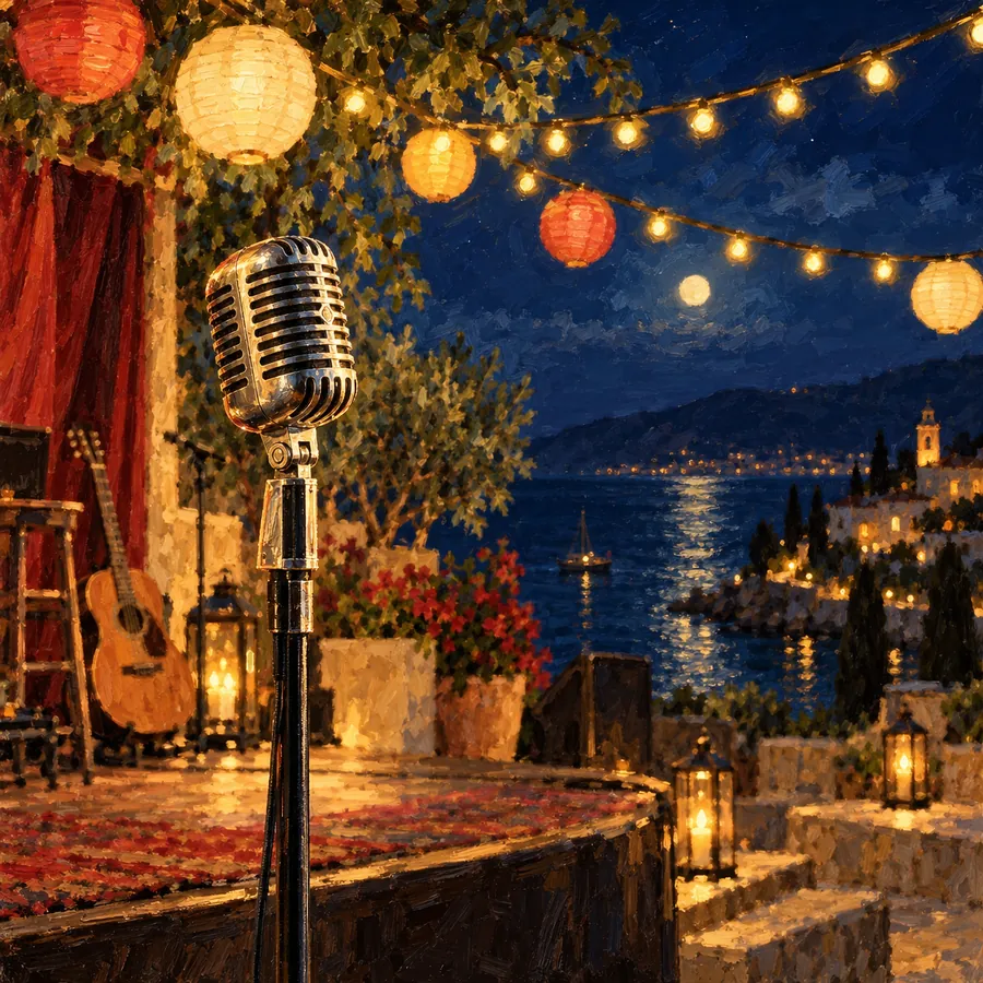 A vintage microphone under festa lanterns