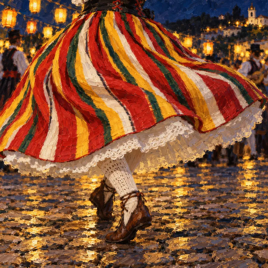A Madeiran folk dancer's striped skirt mid-twirl