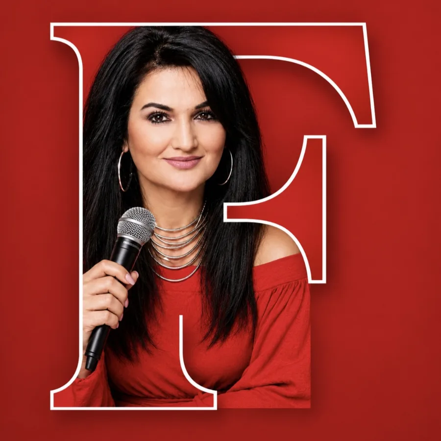 Fatima Nery in red, holding a microphone, in front of a large white letter F