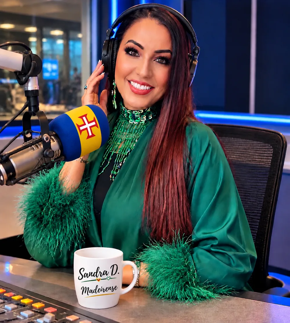Sandra Da Mata in a green outfit at a radio desk, with a microphone in the Madeira flag colours