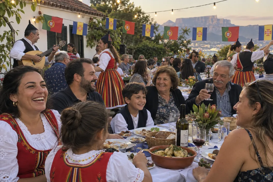 Families and friends at a Madeiran community gathering